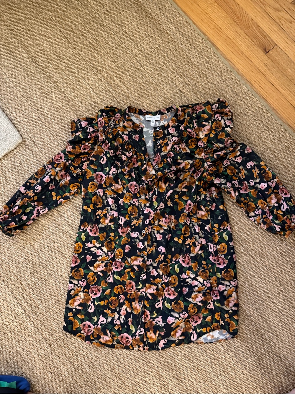 Something Navy Black Floral Button Front Blouse with Pink & Olive Accents